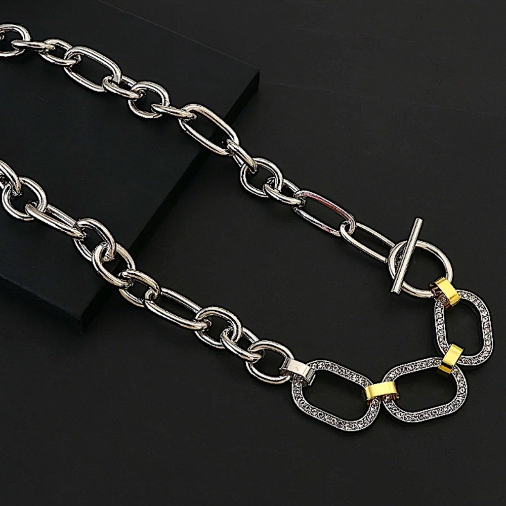 Silver Crystal Chain Link Punk Statement Necklace - Picture 6 of 12